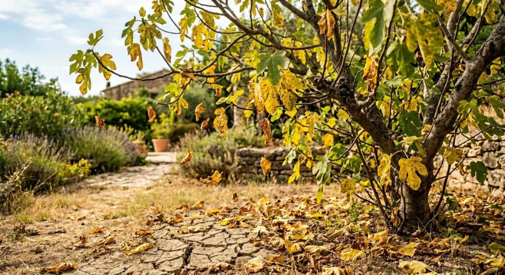 Sol craquelé au pied d'un figuier indiquant un manque d'eau sévère.