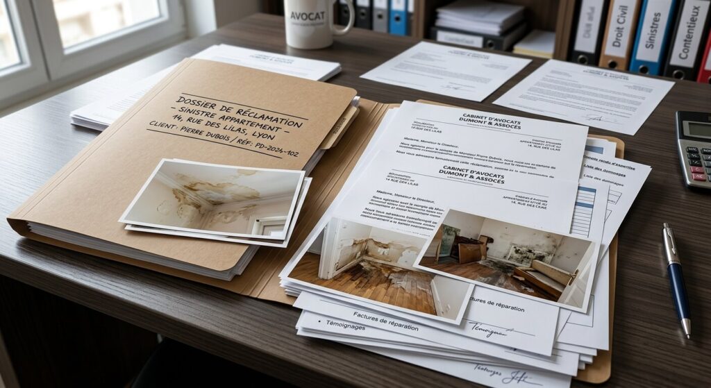 Dossier de réclamation comprenant des courriers d'avocat et des photos de l'appartement sinistré