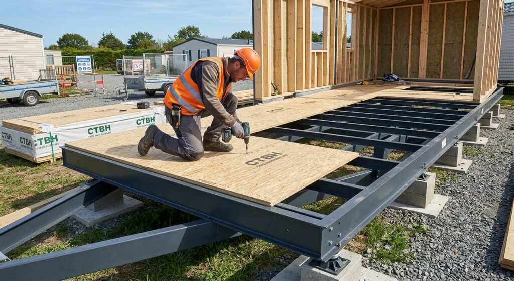 Comment réparer durablement un plancher de mobil home pourri ? 3 Pose de nouveaux panneaux de plancher traités CTBH sur le châssis d'un mobil home.