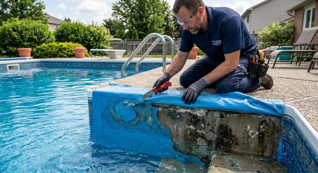 Professionnel découpant une membrane de piscine pour traiter une infiltration en sous-face.
