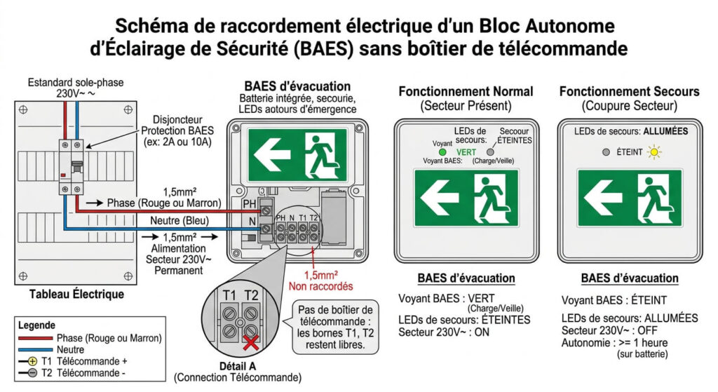 Comment faire le branchement d'un bloc de secours sans télécommande ? 3 Schéma de raccordement électrique d'un Bloc Autonome d'Éclairage de Sécurité (BAES) sans boîtier de télécommande.