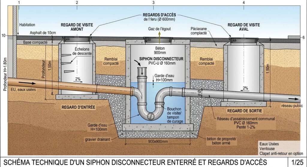 Schéma technique d'un siphon disconnecteur enterré avec ses regards d'accès.
