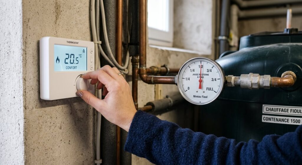 Une main réglant un thermostat à côté d'une jauge de cuve à fioul pour optimiser sa consommation de chauffage.