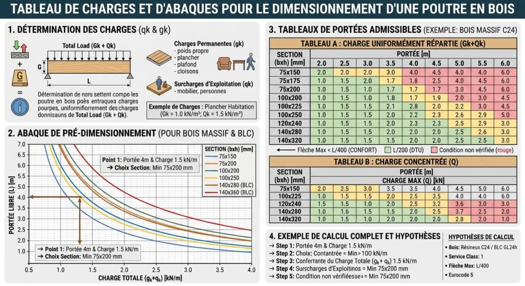 tableau de charges et d'abaques pour le dimensionnement d'une poutre en bois