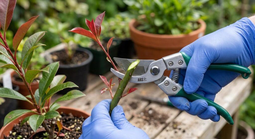 Coupe en biseau d'une tige de photinia à l'aide d'un sécateur propre pour la multiplication.