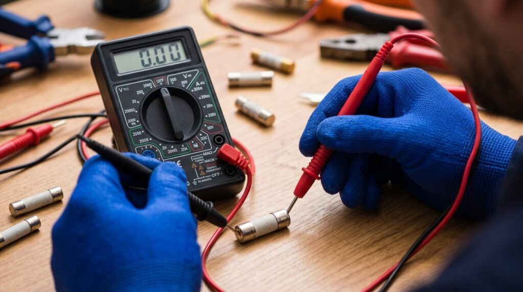 Électricien utilisant un multimètre pour tester la continuité d'un fusible cylindrique en céramique