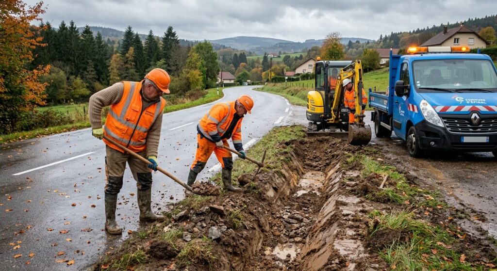 Ouvriers communaux creusant un fossé de drainage en bordure de route pour canaliser les eaux.