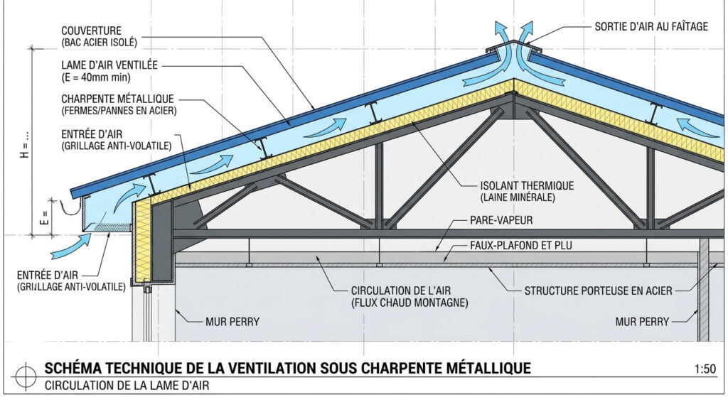 Schéma technique montrant la circulation de la lame d'air sous une charpente métallique