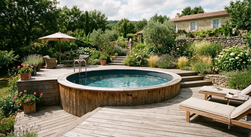 Semi-enterrer une piscine hors sol : comment faire ? 2 Une piscine hors-sol en bois joliment semi-enterrée au milieu d'une terrasse en bois de jardin.