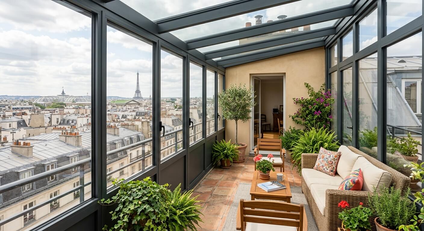 Une terrasse d'appartement au dernier étage fermée par une structure de véranda en aluminium vitrée.