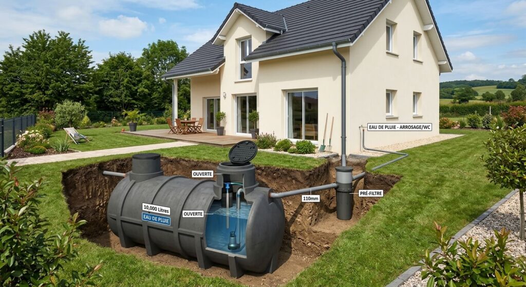 Une grande cuve enterrée de stockage d'eau de pluie reliée aux gouttières d'une maison individuelle.