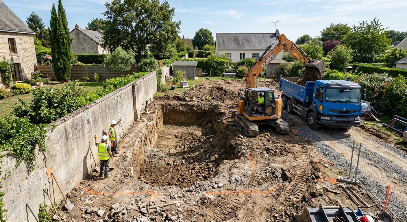 Le terrassement d'une piscine enterrée en cours de réalisation au ras du mur de clôture du voisin.