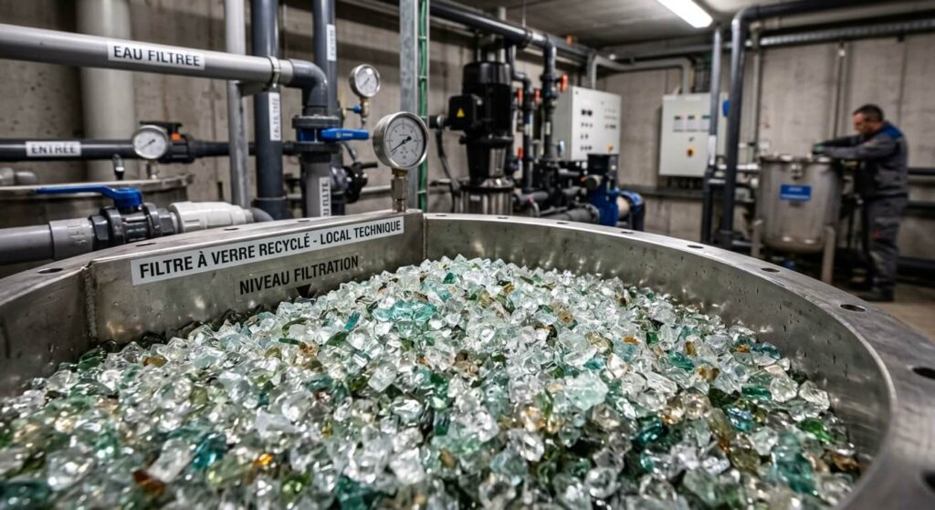 Les grains brillants et translucides de verre pilé recyclé destinés au filtre d'un local technique.