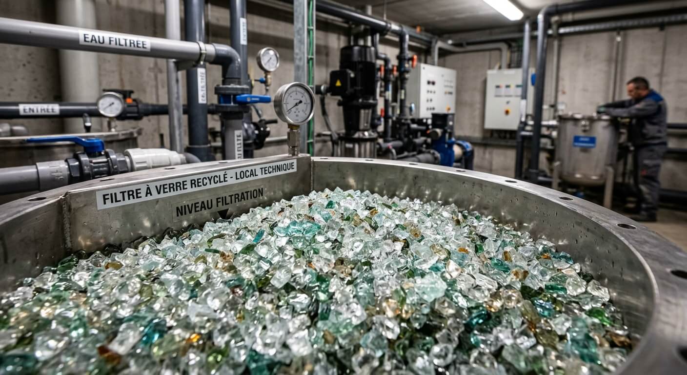 Les grains brillants et translucides de verre pilé recyclé destinés au filtre d'un local technique.