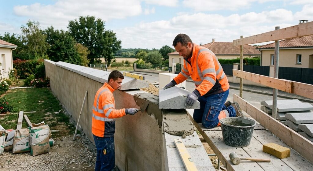 Installation de chaperons de mur en béton sur la arase de finition d'une clôture extérieure.