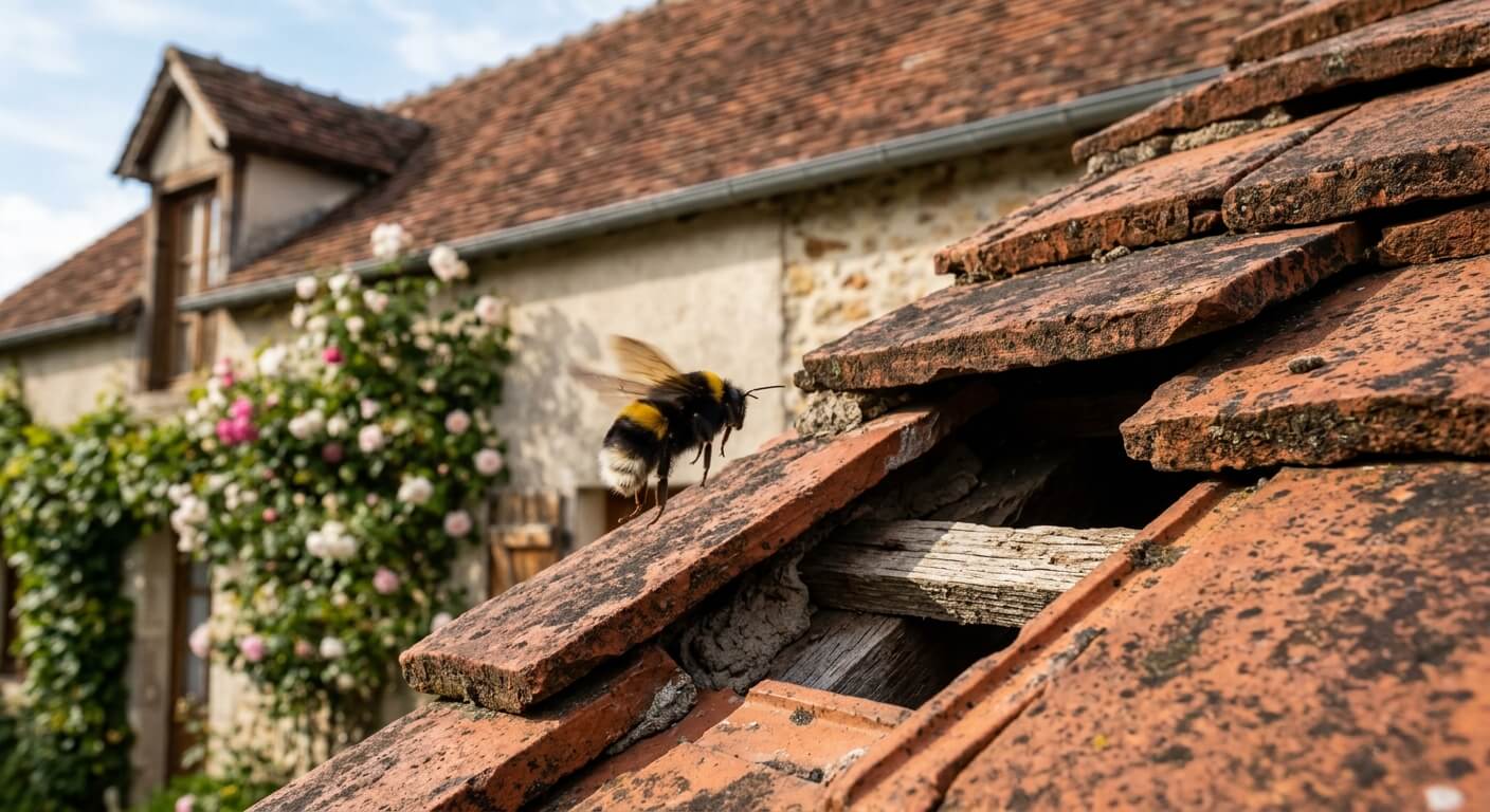 Un bourdon terrestre s'envolant pour nicher sous les tuiles de la toiture d'une maison.