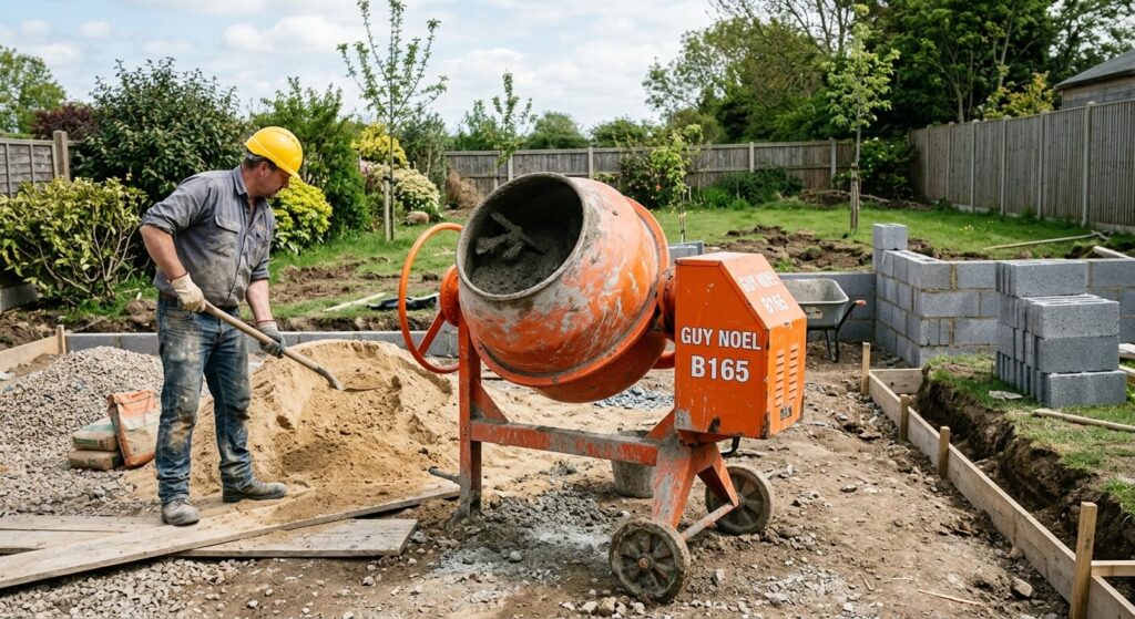 Une bétonnière orange Guy Noel B165 installée sur un chantier de maçonnerie de jardin.