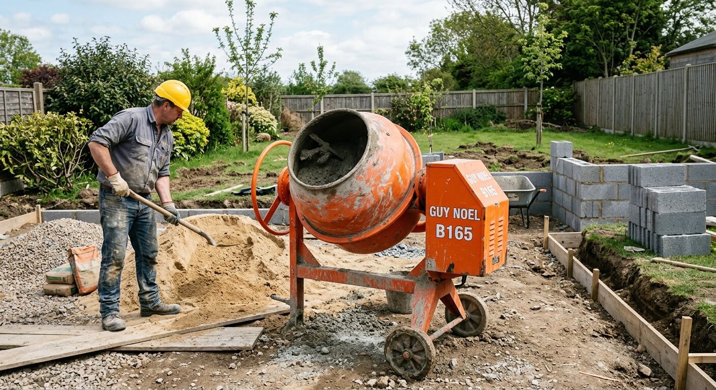 Une bétonnière orange Guy Noel B165 installée sur un chantier de maçonnerie de jardin.