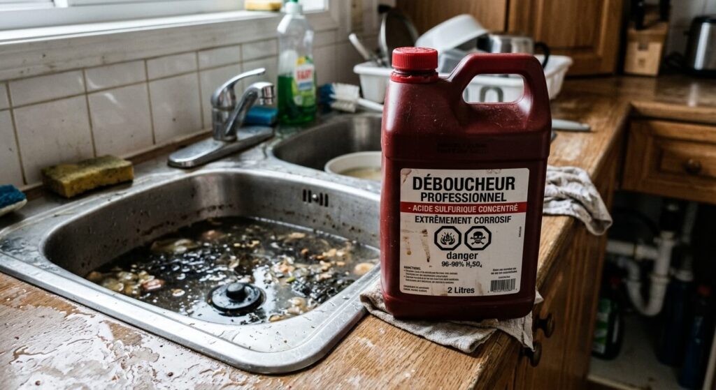 Un bidon de déboucheur professionnel à base d'acide sulfurique concentré posé à côté d'un évier bouché.