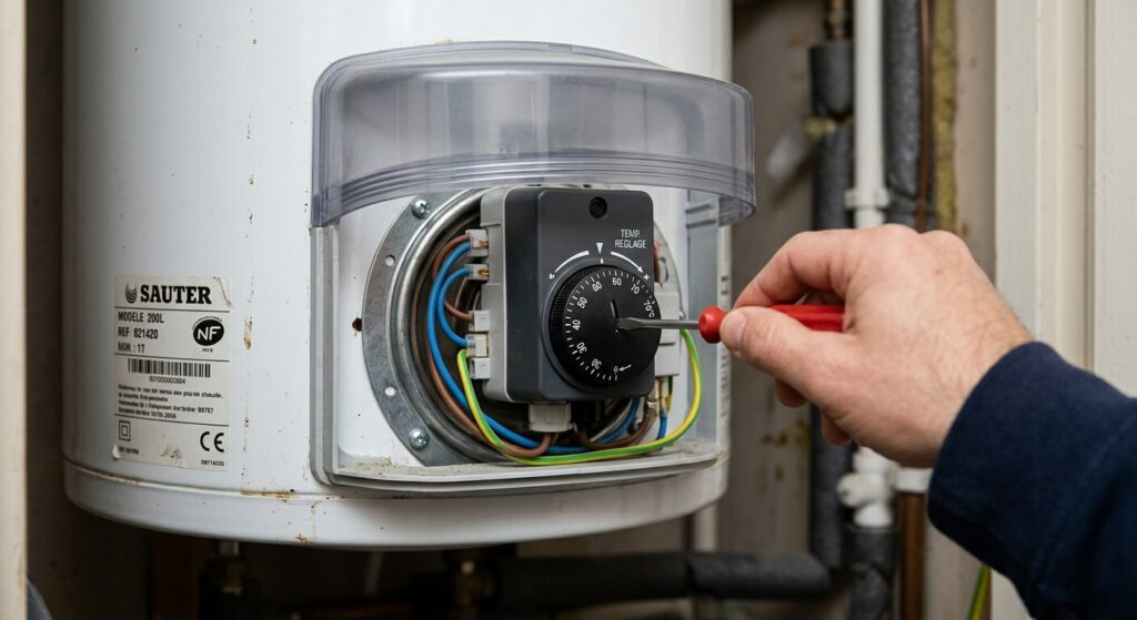Un tournevis réglant la molette graduée du thermostat sous le capot d'un ballon d'eau chaude.