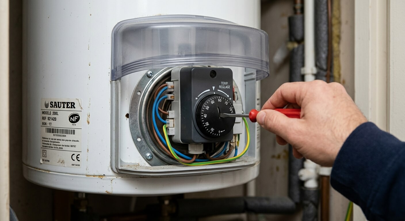 Un tournevis réglant la molette graduée du thermostat sous le capot d'un ballon d'eau chaude.