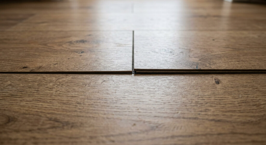 Gros plan sur un espace vide horizontal entre deux lames clipsées d'un parquet stratifié.
