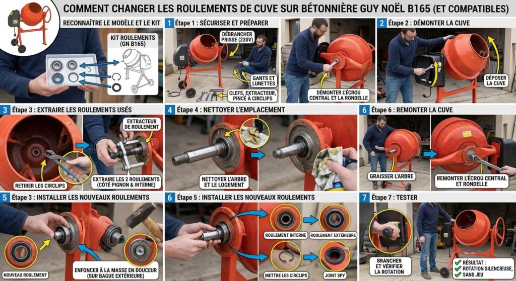 comment changer roulement betonniere guy noel b165