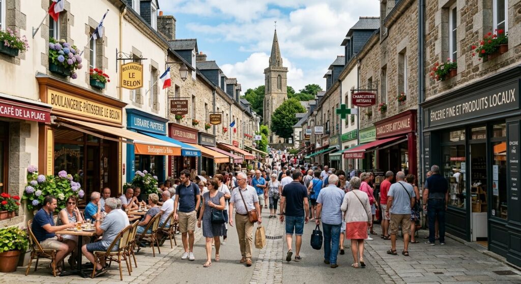 Les rues commerçantes animées du centre-bourg de Riec-sur-Belon en Sud Cornouaille.