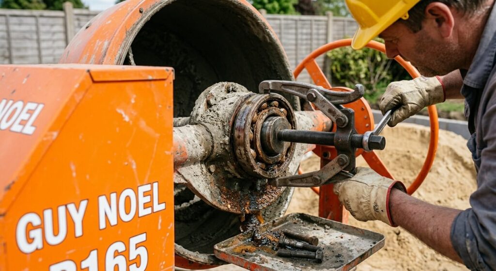 Extraction d'un roulement à billes usé sur l'axe central d'un tambour de malaxage.