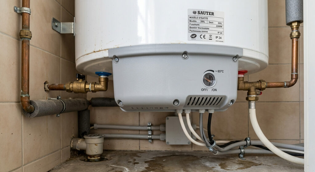 Vue d'ensemble du boîtier plastique de protection électrique inférieur d'un chauffe-eau de marque distributeur.