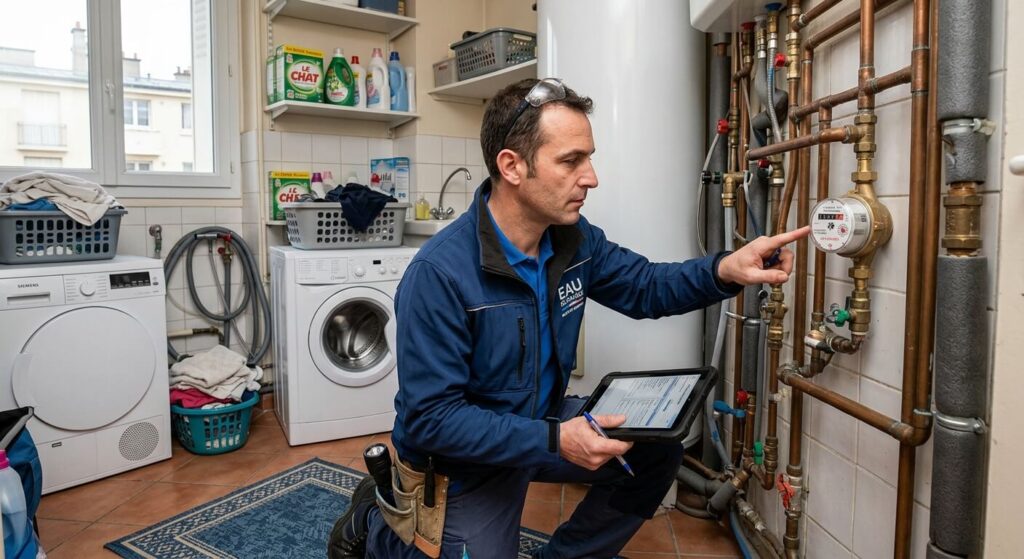 Un technicien relevant l'index d'un compteur d'eau divisionnaire au sein d'une buanderie.
