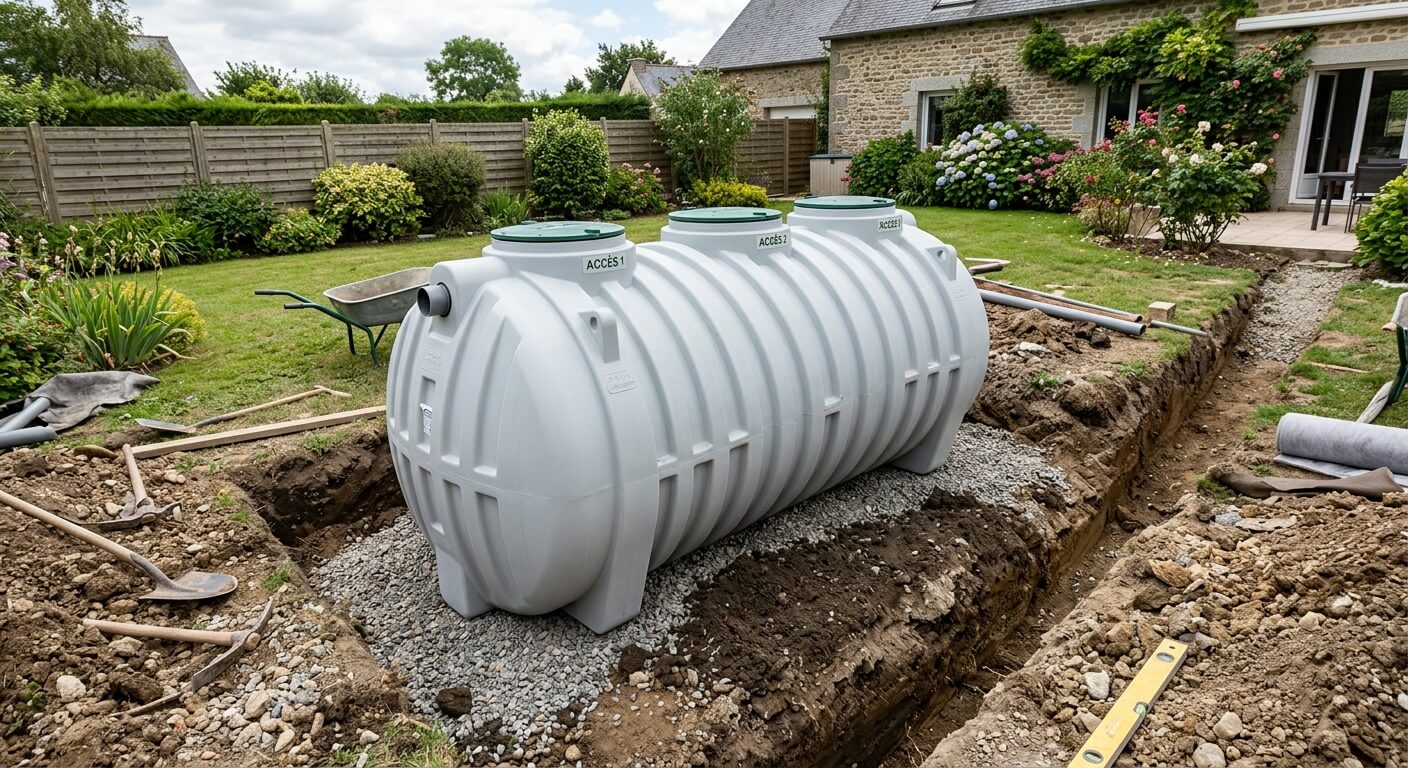 Une cuve de micro-station d'épuration individuelle en polyéthylène avant son enterrement dans le jardin.