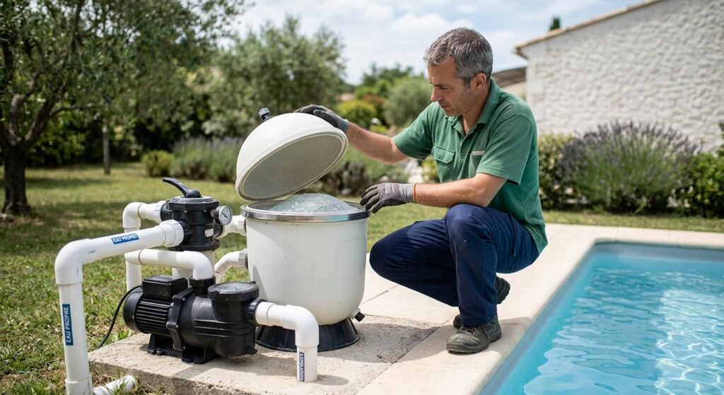 Un particulier ouvrant la cuve de son système de filtration pour inspecter la charge de silice.