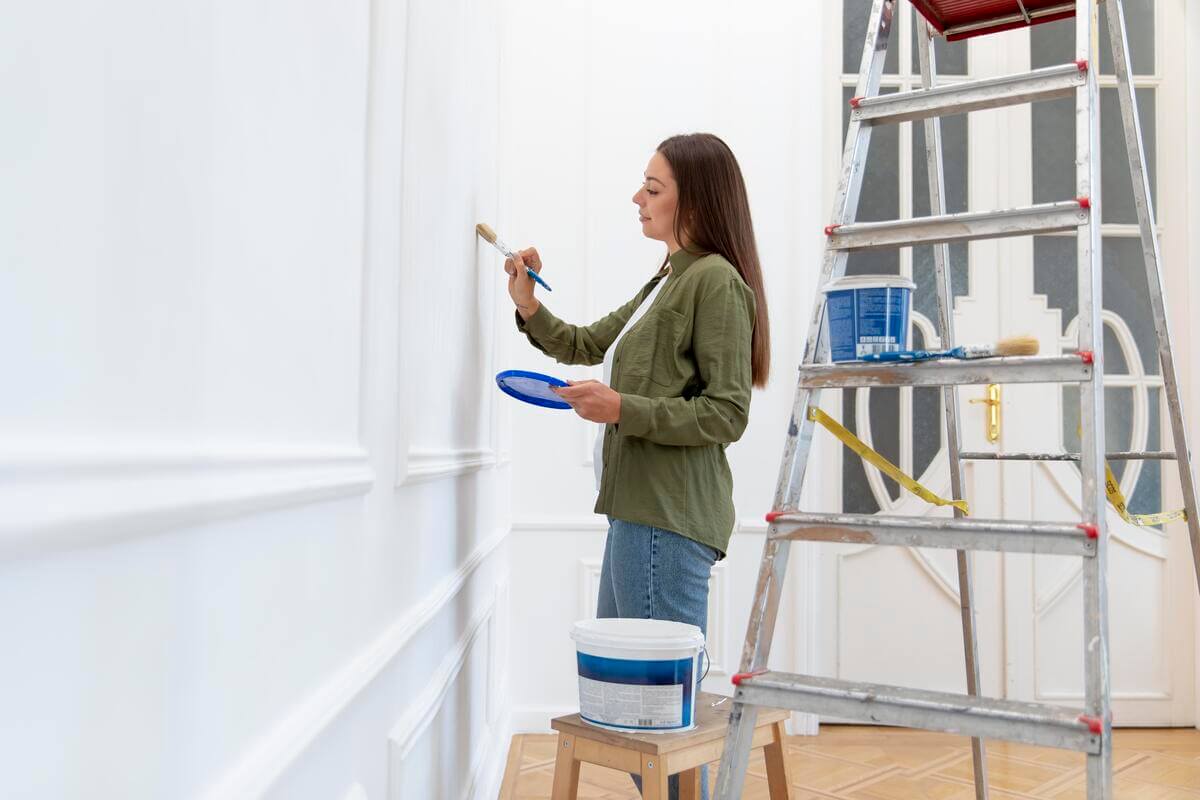 Un locataire peignant un mur en blanc pour rénover le salon de son logement en location.