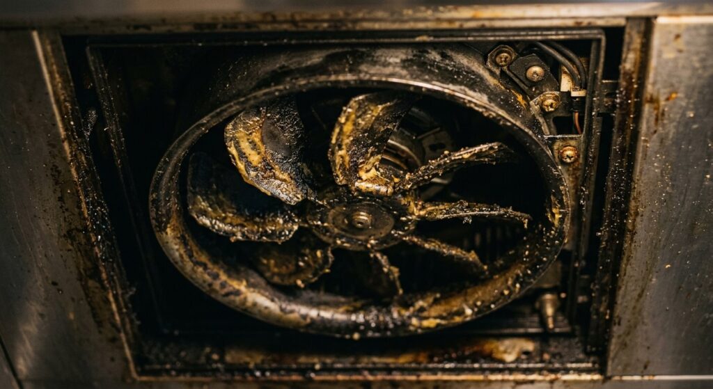 Gros plan sur les pales encrassées du ventilateur interne d'une hotte de cuisine.