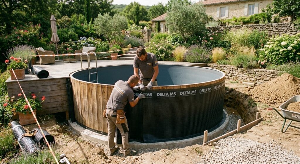 Semi-enterrer une piscine hors sol : comment faire ? 3 Pose d'un film de protection delta MS sur la structure d'une piscine hors-sol avant le remblayage.