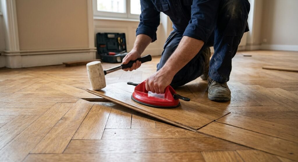 Utilisation d'une ventouse de vitrier collée sur une lame de parquet pour la repositionner au maillet.