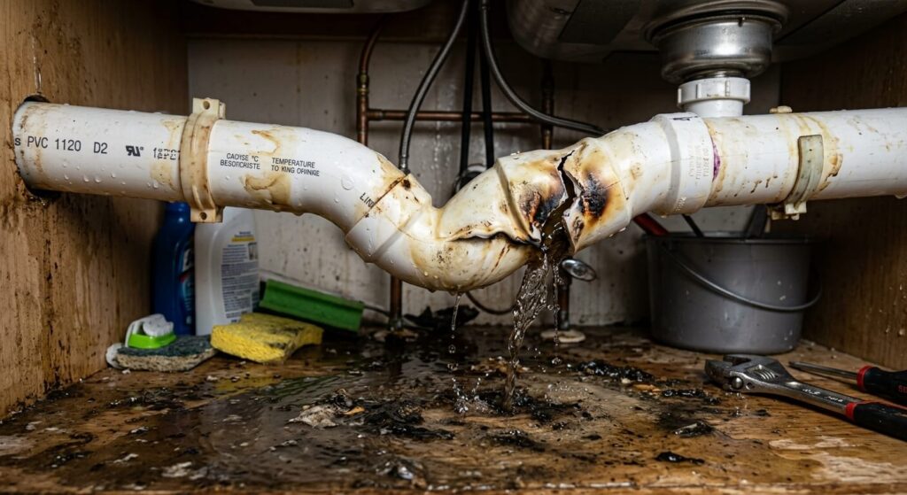 Un tuyau d'évacuation en PVC blanc déformé et fuyant après une réaction thermique de produit de débouchage.