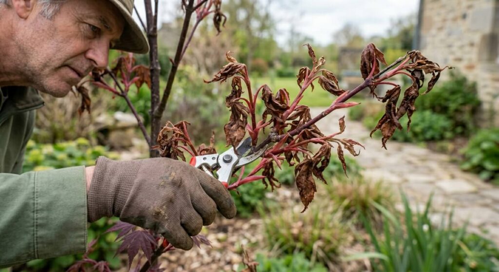 Un jardinier utilisant un sécateur pour couper les pointes sèches d'un Acer palmatum au jardin.