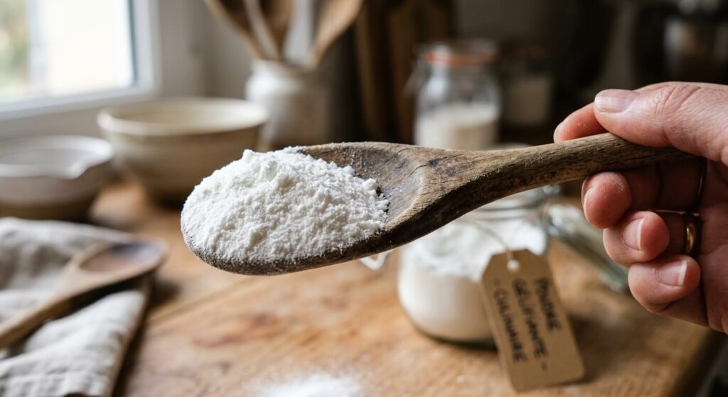 Gros plan sur une cuillère de poudre gélifiante blanche destinée aux préparations culinaires.