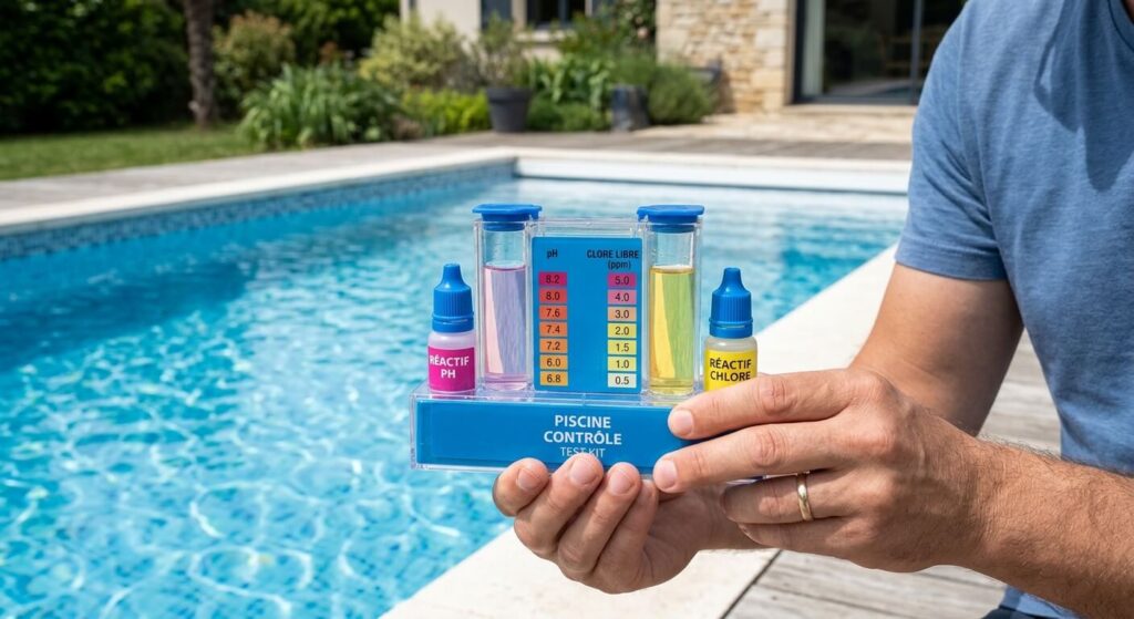 Eau de piscine trouble après l'ajout de pH Plus : que faire pour retrouver une eau limpide ? 3 Une trousse d'analyse de l'eau mesurant les taux de chlore et de pH d'un bassin.