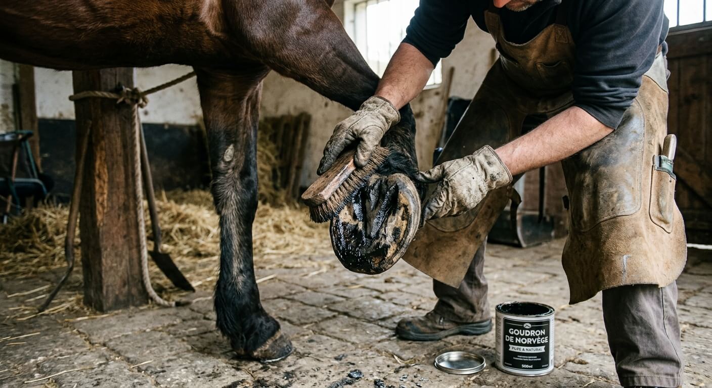 Application de goudron de Norvège avec un pinceau sur le dessous d'un sabot de cheval.