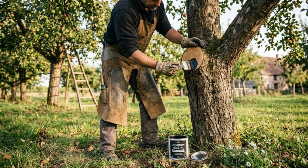 Application de goudron végétal sur la plaie de taille d'un arbre du verger.