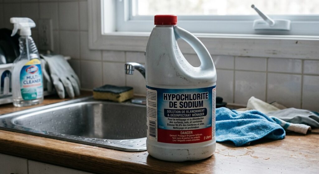 Eau de javel contre les taupes : efficace ou fausse bonne idée ? 3 Un flacon de solution d'hypochlorite de sodium utilisé pour l'entretien ménager.