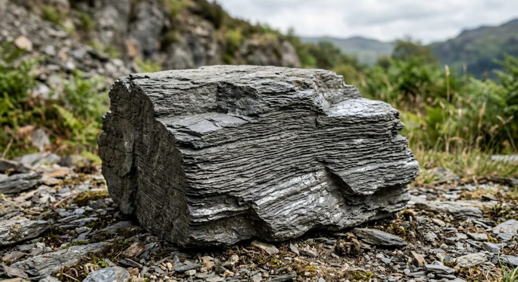 Un bloc de schiste brut montrant ses couches sédimentaires feuilletées et ses reflets naturels.