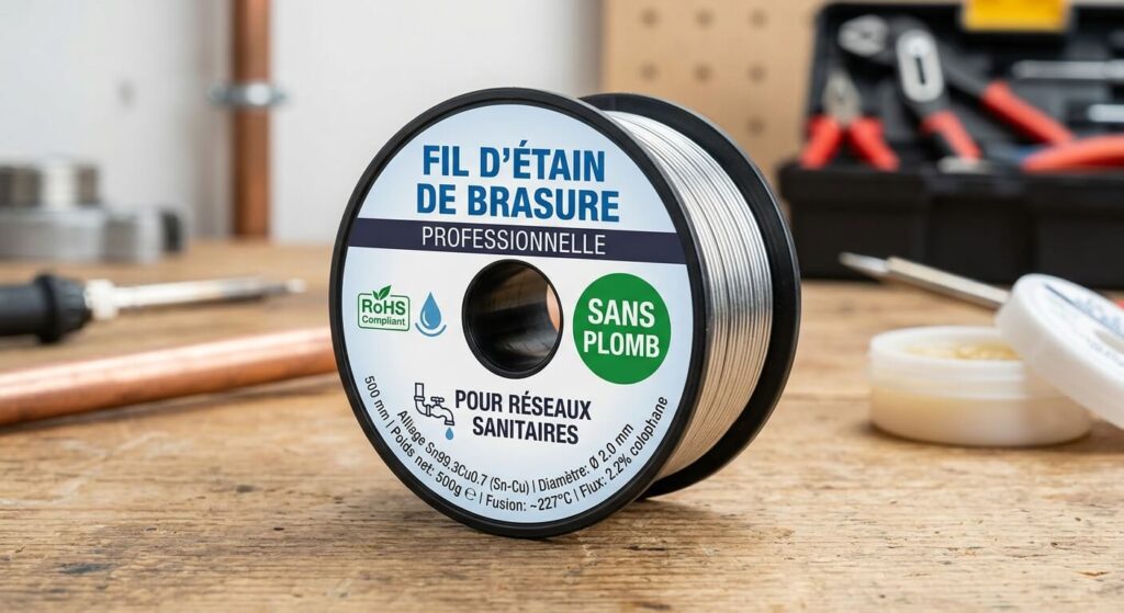 Une bobine de fil d'étain de brasure professionnelle étiquetée sans plomb pour réseaux sanitaires.