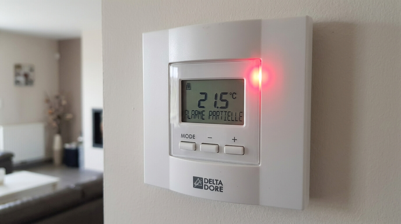 Le boîtier d'un thermostat d'ambiance ou d'une centrale d'alarme Delta Dore avec une LED rouge active.