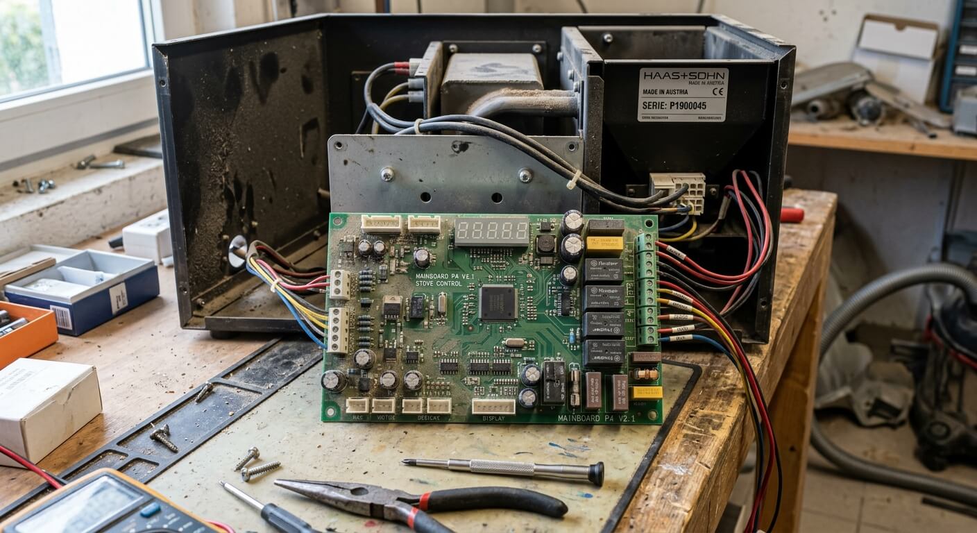 La carte mère électronique d'un poêle à granulés de bois sortie de son logement.