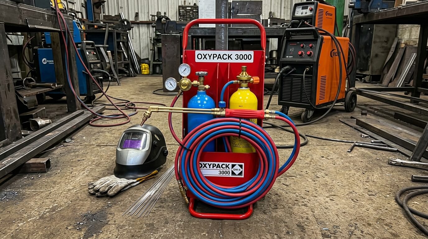 Un poste de soudure autogène Oxypack 3000 posé au sol avec ses bouteilles d'oxygène et de gaz.