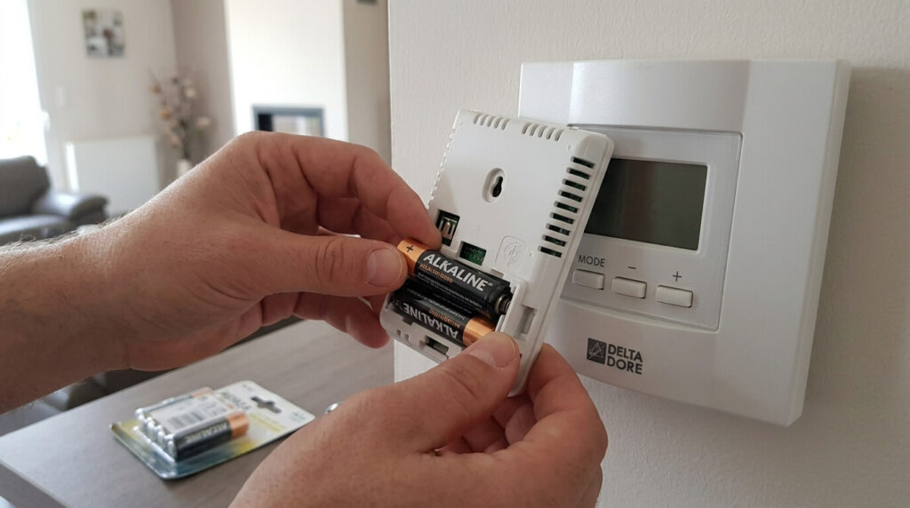 Une personne insérant des piles alcalines neuves à l'arrière d'un thermostat numérique.